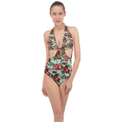 Fruit Branches Green Halter Front Plunge Swimsuit by snowwhitegirl