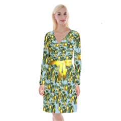 Fruit Branches Blue Long Sleeve Velvet Front Wrap Dress by snowwhitegirl