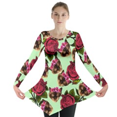 Lazy Cat Floral Pattern Green Long Sleeve Tunic  by snowwhitegirl