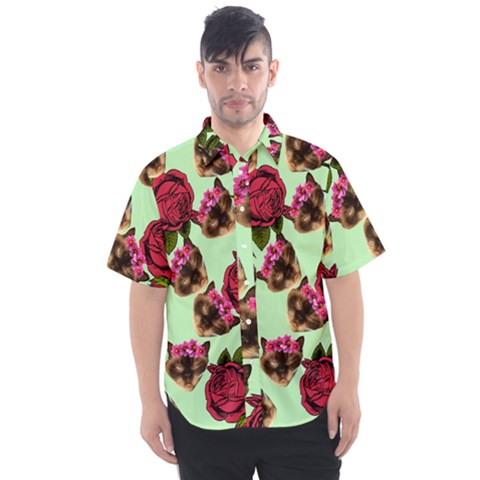 Lazy Cat Floral Pattern Green Men s Short Sleeve Shirt by snowwhitegirl