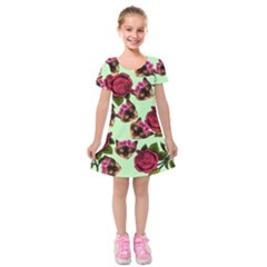 Lazy Cat Floral Pattern Green Kids  Short Sleeve Velvet Dress by snowwhitegirl