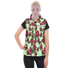 Lazy Cat Floral Pattern Green Women s Button Up Vest by snowwhitegirl