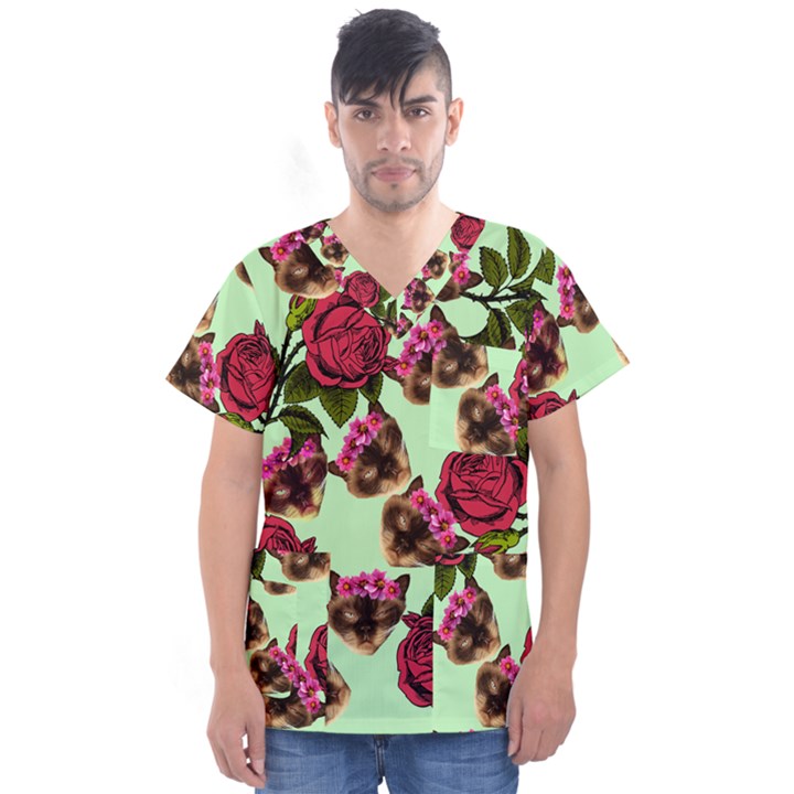 Lazy Cat Floral Pattern Green Men s V-Neck Scrub Top