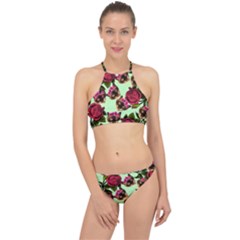 Lazy Cat Floral Pattern Green Racer Front Bikini Set by snowwhitegirl