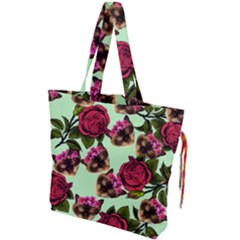 Lazy Cat Floral Pattern Green Drawstring Tote Bag