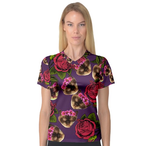 Lazy Cat Floral Pattern Purple V-neck Sport Mesh Tee by snowwhitegirl