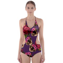 Lazy Cat Floral Pattern Purple Cut-out One Piece Swimsuit by snowwhitegirl