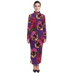 Lazy Cat Floral Pattern Purple Turtleneck Maxi Dress