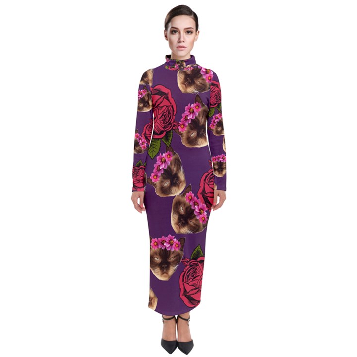 Lazy Cat Floral Pattern Purple Turtleneck Maxi Dress