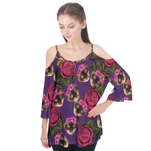 Lazy Cat Floral Pattern Purple Flutter Tees by snowwhitegirl