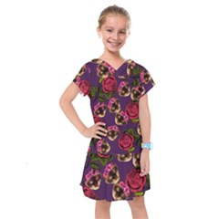 Lazy Cat Floral Pattern Purple Kids  Drop Waist Dress by snowwhitegirl