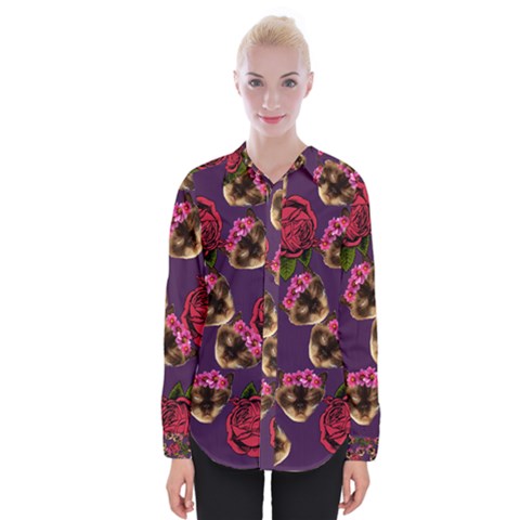 Lazy Cat Floral Pattern Purple Womens Long Sleeve Shirt by snowwhitegirl