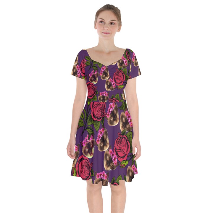 Lazy Cat Floral Pattern Purple Short Sleeve Bardot Dress