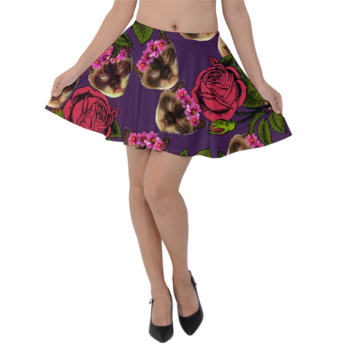 Lazy Cat Floral Pattern Purple Velvet Skater Skirt