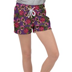 Lazy Cat Floral Pattern Purple Women s Velour Lounge Shorts