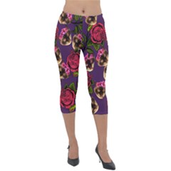 Lazy Cat Floral Pattern Purple Lightweight Velour Capri Leggings 