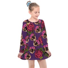 Lazy Cat Floral Pattern Purple Kids  Long Sleeve Dress by snowwhitegirl