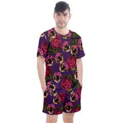 Lazy Cat Floral Pattern Purple Men s Mesh Tee And Shorts Set