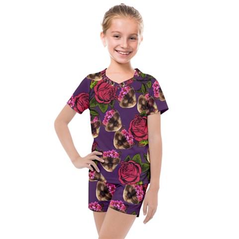 Lazy Cat Floral Pattern Purple Kids  Mesh Tee And Shorts Set by snowwhitegirl