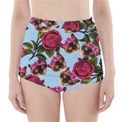 Lazy Cat Floral Pattern Blue High-waisted Bikini Bottoms by snowwhitegirl