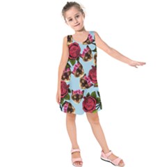 Lazy Cat Floral Pattern Blue Kids  Sleeveless Dress by snowwhitegirl