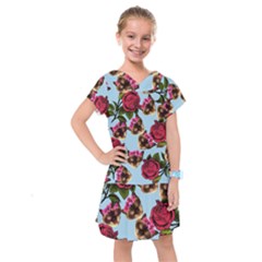 Lazy Cat Floral Pattern Blue Kids  Drop Waist Dress by snowwhitegirl