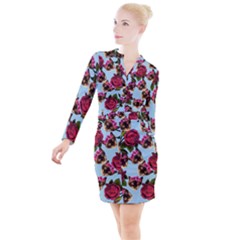 Lazy Cat Floral Pattern Blue Button Long Sleeve Dress