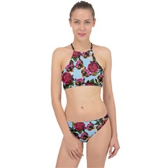 Lazy Cat Floral Pattern Blue Racer Front Bikini Set by snowwhitegirl