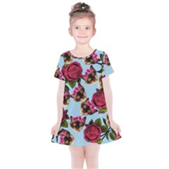 Lazy Cat Floral Pattern Blue Kids  Simple Cotton Dress by snowwhitegirl