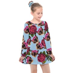 Lazy Cat Floral Pattern Blue Kids  Long Sleeve Dress by snowwhitegirl