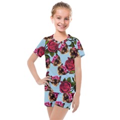 Lazy Cat Floral Pattern Blue Kids  Mesh Tee And Shorts Set