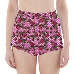 Lazy Cat Floral Pattern Pink Polka High-waisted Bikini Bottoms by snowwhitegirl