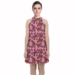 Lazy Cat Floral Pattern Pink Polka Velvet Halter Neckline Dress  by snowwhitegirl