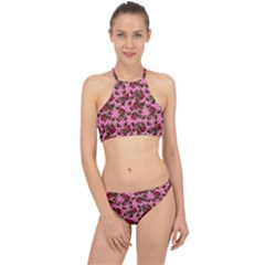 Lazy Cat Floral Pattern Pink Polka Racer Front Bikini Set by snowwhitegirl