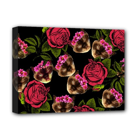 Lazy Cat Floral Pattern Black Deluxe Canvas 16  X 12   by snowwhitegirl