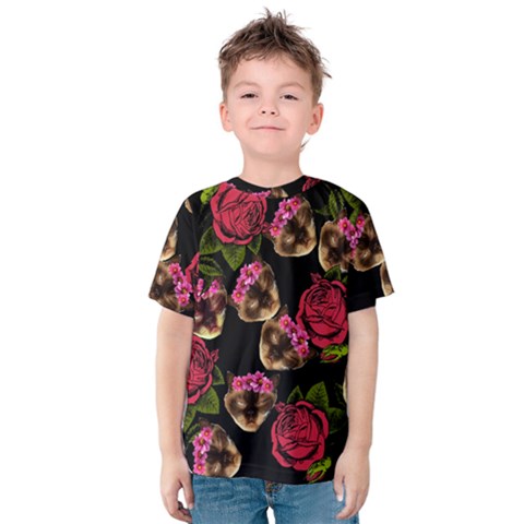 Lazy Cat Floral Pattern Black Kids  Cotton Tee by snowwhitegirl