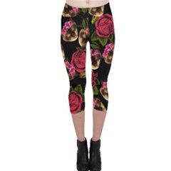 Lazy Cat Floral Pattern Black Capri Leggings  by snowwhitegirl