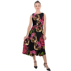 Lazy Cat Floral Pattern Black Midi Tie-back Chiffon Dress