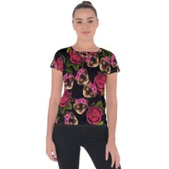 Lazy Cat Floral Pattern Black Short Sleeve Sports Top  by snowwhitegirl