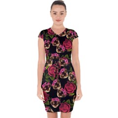 Lazy Cat Floral Pattern Black Capsleeve Drawstring Dress 