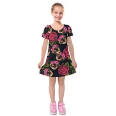 Lazy Cat Floral Pattern Black Kids  Short Sleeve Velvet Dress by snowwhitegirl