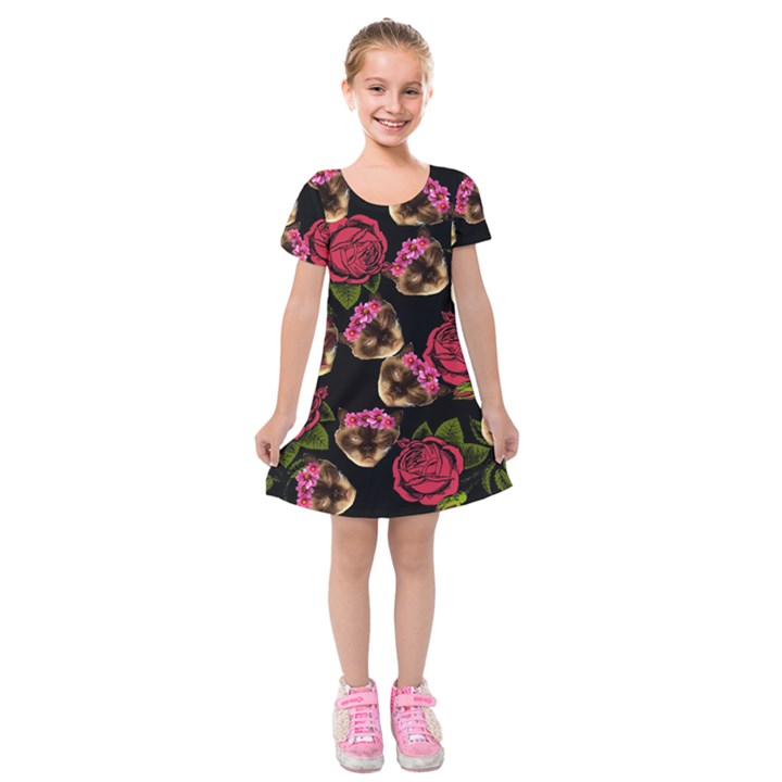 Lazy Cat Floral Pattern Black Kids  Short Sleeve Velvet Dress