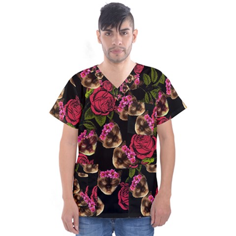 Lazy Cat Floral Pattern Black Men s V-neck Scrub Top by snowwhitegirl