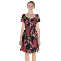 Lazy Cat Floral Pattern Black Short Sleeve Bardot Dress by snowwhitegirl