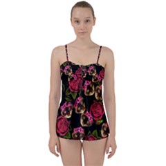 Lazy Cat Floral Pattern Black Babydoll Tankini Set by snowwhitegirl