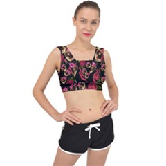 Lazy Cat Floral Pattern Black V-back Sports Bra