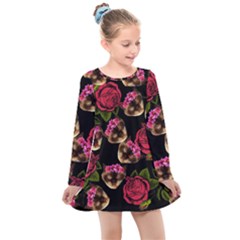 Lazy Cat Floral Pattern Black Kids  Long Sleeve Dress by snowwhitegirl