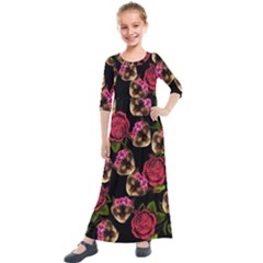 Lazy Cat Floral Pattern Black Kids  Quarter Sleeve Maxi Dress by snowwhitegirl