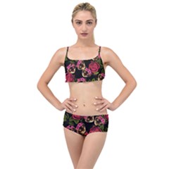 Lazy Cat Floral Pattern Black Layered Top Bikini Set by snowwhitegirl