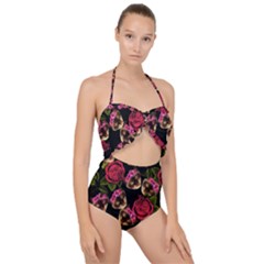 Lazy Cat Floral Pattern Black Scallop Top Cut Out Swimsuit